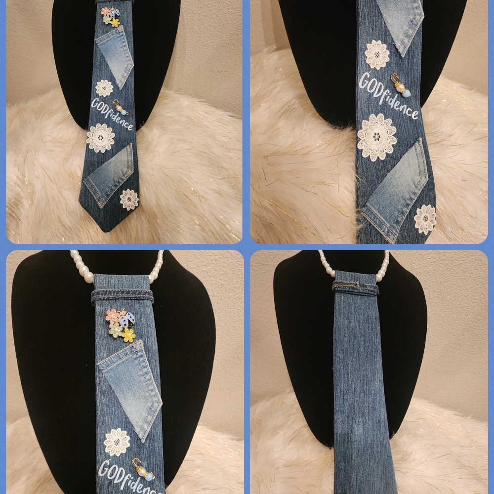 Denim 'GODfidence' Pendant Tie Necklace - Blue
